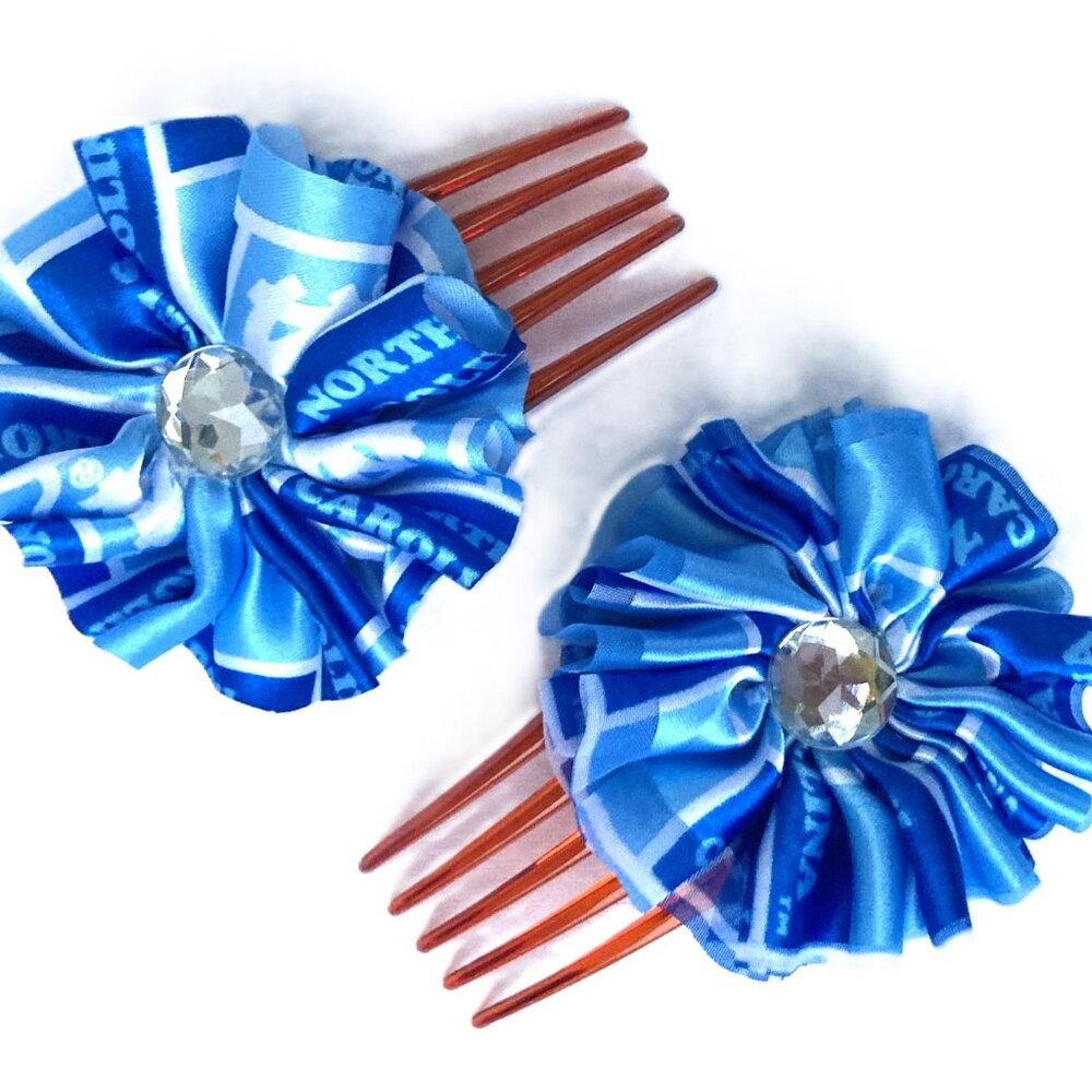 University North Carolina Hair Combs Ribbons Rhinestones, Set of 2 UNC Tar Heels